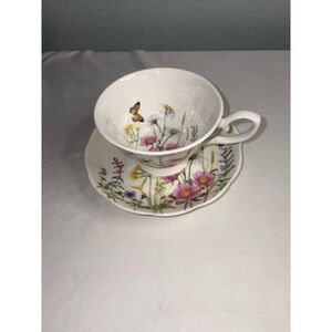 Wildflower Butterfly China Teacup and Saucer Set White Floral Porcelain Tea Set